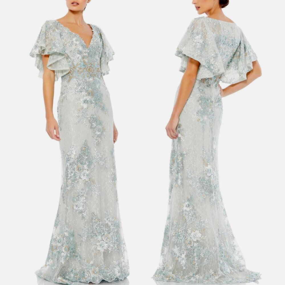 MAC DUGGAL 67842 BELL SLEEVE FLOAL EMBELLISHED SEAFOAM GREEN GOWN sz 14